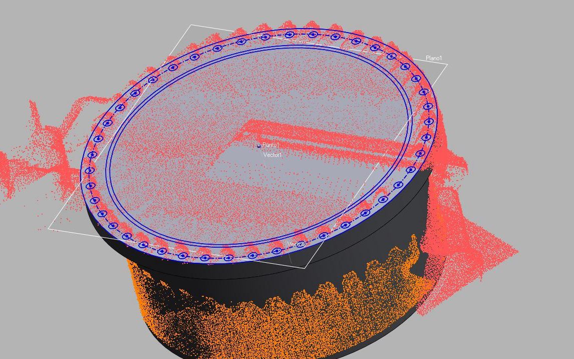 Nube de puntos de escaneo 3D superpuesta al modelo CAD de un componente industrial